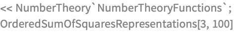 << NumberTheory`NumberTheoryFunctions`;
OrderedSumOfSquaresRepresentations[3, 100]