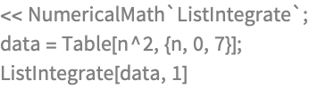 << NumericalMath`ListIntegrate`;
data = Table[n^2, {n, 0, 7}];
ListIntegrate[data, 1]