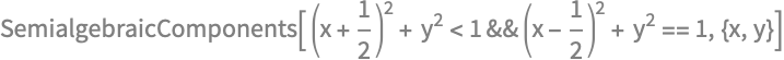 SemialgebraicComponents[ (x + 1/2)^2 + y^2 < 
   1 && (x - 1/2)^2 + y^2 == 1, {x, y}]