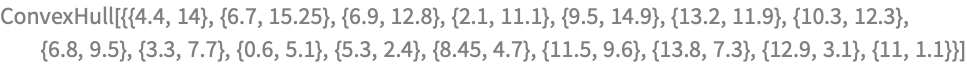 ConvexHull[{{4.4, 14}, {6.7, 15.25}, {6.9, 12.8}, {2.1, 11.1}, {9.5, 
   14.9}, {13.2, 11.9}, {10.3, 12.3}, {6.8, 9.5}, {3.3, 7.7}, {0.6, 
   5.1}, {5.3, 2.4}, {8.45, 4.7}, {11.5, 9.6}, {13.8, 7.3}, {12.9, 
   3.1}, {11, 1.1}}]