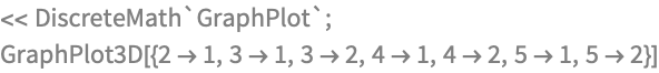 << DiscreteMath`GraphPlot`;
GraphPlot3D[{2 -> 1, 3 -> 1, 3 -> 2, 4 -> 1, 4 -> 2, 5 -> 1, 5 -> 2}]