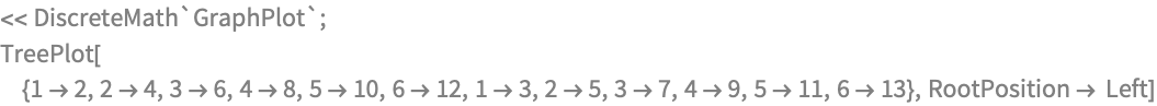 << DiscreteMath`GraphPlot`;
TreePlot[{1 -> 2, 2 -> 4, 3 -> 6, 4 -> 8, 5 -> 10, 6 -> 12, 1 -> 3, 
  2 -> 5, 3 -> 7, 4 -> 9, 5 -> 11, 6 -> 13}, RootPosition -> Left]