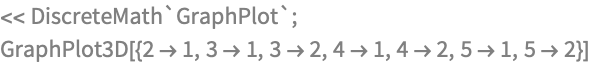 << DiscreteMath`GraphPlot`;
GraphPlot3D[{2 -> 1, 3 -> 1, 3 -> 2, 4 -> 1, 4 -> 2, 5 -> 1, 5 -> 2}]