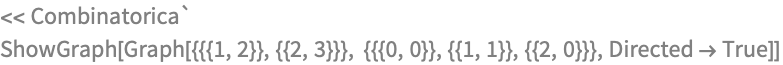 << Combinatorica`
ShowGraph[
 Graph[{{{1, 2}}, {{2, 3}}}, {{{0, 0}}, {{1, 1}}, {{2, 0}}}, 
  Directed -> True]]