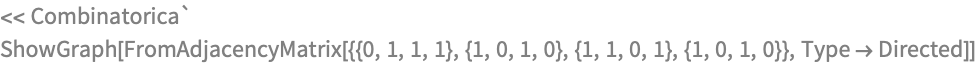 << Combinatorica`
ShowGraph[
 FromAdjacencyMatrix[{{0, 1, 1, 1}, {1, 0, 1, 0}, {1, 1, 0, 1}, {1, 0,
     1, 0}}, Type -> Directed]]