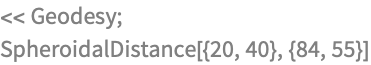 << Geodesy;
SpheroidalDistance[{20, 40}, {84, 55}]