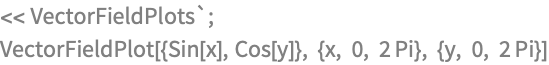 << VectorFieldPlots`;
VectorFieldPlot[{Sin[x], Cos[y]}, {x, 0, 2 Pi}, {y, 0, 2 Pi}]