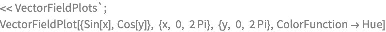 << VectorFieldPlots`;
VectorFieldPlot[{Sin[x], Cos[y]}, {x, 0, 2 Pi}, {y, 0, 2 Pi}, 
 ColorFunction -> Hue]
