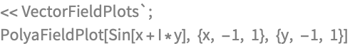 << VectorFieldPlots`;
PolyaFieldPlot[Sin[x + I*y], {x, -1, 1}, {y, -1, 1}]