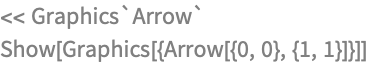 << Graphics`Arrow`
Show[Graphics[{Arrow[{0, 0}, {1, 1}]}]]
