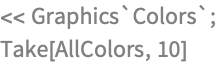<< Graphics`Colors`;
Take[AllColors, 10]