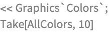 << Graphics`Colors`;
Take[AllColors, 10]