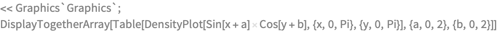 << Graphics`Graphics`;
DisplayTogetherArray[
 Table[DensityPlot[Sin[x + a] Cos[y + b], {x, 0, Pi}, {y, 0, Pi}], {a,
    0, 2}, {b, 0, 2}]]