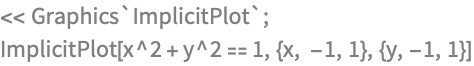 << Graphics`ImplicitPlot`;
ImplicitPlot[x^2 + y^2 == 1, {x, -1, 1}, {y, -1, 1}]