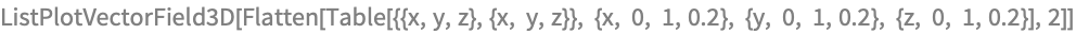 ListPlotVectorField3D[
 Flatten[Table[{{x, y, z}, {x, y, z}}, {x, 0, 1, 0.2}, {y, 0, 1, 
    0.2}, {z, 0, 1, 0.2}], 2]]