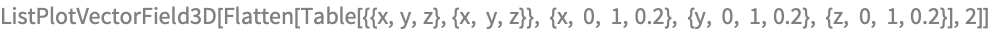 ListPlotVectorField3D[
 Flatten[Table[{{x, y, z}, {x, y, z}}, {x, 0, 1, 0.2}, {y, 0, 1, 
    0.2}, {z, 0, 1, 0.2}], 2]]