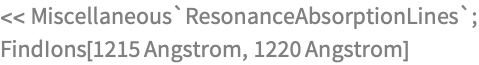 << Miscellaneous`ResonanceAbsorptionLines`;
FindIons[1215 Angstrom, 1220 Angstrom]