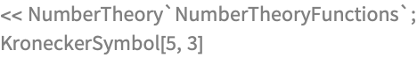 << NumberTheory`NumberTheoryFunctions`;
KroneckerSymbol[5, 3]