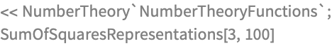 << NumberTheory`NumberTheoryFunctions`;
SumOfSquaresRepresentations[3, 100]
