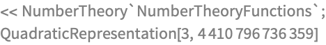 << NumberTheory`NumberTheoryFunctions`;
QuadraticRepresentation[3, 4410796736359]