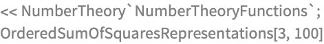 << NumberTheory`NumberTheoryFunctions`;
OrderedSumOfSquaresRepresentations[3, 100]