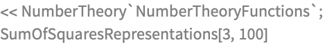 << NumberTheory`NumberTheoryFunctions`;
SumOfSquaresRepresentations[3, 100]