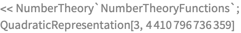 << NumberTheory`NumberTheoryFunctions`;
QuadraticRepresentation[3, 4410796736359]