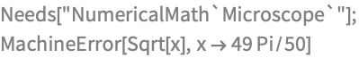 Needs["NumericalMath`Microscope`"];
MachineError[Sqrt[x], x -> 49 Pi/50]