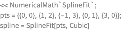 << NumericalMath`SplineFit`;
pts = {{0, 0}, {1, 2}, {-1, 3}, {0, 1}, {3, 0}};
spline = SplineFit[pts, Cubic]