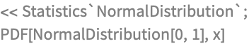 << Statistics`NormalDistribution`;
PDF[NormalDistribution[0, 1], x]