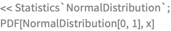 << Statistics`NormalDistribution`;
PDF[NormalDistribution[0, 1], x]