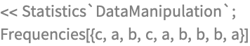 << Statistics`DataManipulation`;
Frequencies[{c, a, b, c, a, b, b, b, a}]