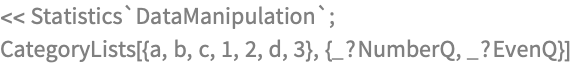 << Statistics`DataManipulation`;
CategoryLists[{a, b, c, 1, 2, d, 3}, {_?NumberQ, _?EvenQ}]