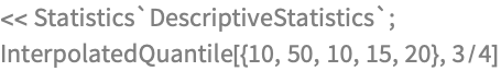 << Statistics`DescriptiveStatistics`;
InterpolatedQuantile[{10, 50, 10, 15, 20}, 3/4]