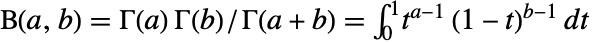 TemplateBox[{a, b}, Beta]=TemplateBox[{a}, Gamma]TemplateBox[{b}, Gamma]/TemplateBox[{{a, +, b}}, Gamma]=int_0^1t^(a-1)(1-t)^(b-1)dt