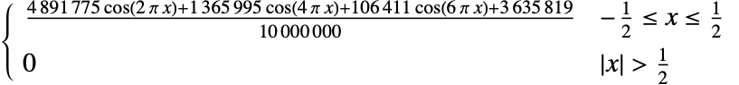  (4891775 cos(2 pi x)+1365995 cos(4 pi x)+106411 cos(6 pi x)+3635819)/(10000000) -1/2<=x<=1/2; 0 TemplateBox[{x}, Abs]>1/2; 