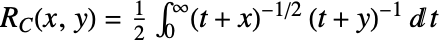 TemplateBox[{x, y}, CarlsonRC]=1/2int_0^infty(t+x)^(-1/2)(t+y)^(-1)dt