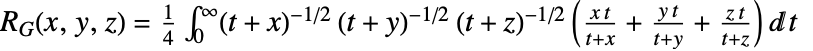 TemplateBox[{x, y, z}, CarlsonRG]=1/4int_0^infty(t+x)^(-1/2)(t+y)^(-1/2)(t+z)^(-1/2)((x t)/(t+x)+(y t)/(t+y)+(z t)/(t+z))dt