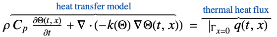  rho C_p(partialTheta(t, x))/(partialt)+del .(-k(Theta) del Theta(t,x))^(︷^(                        heat transfer model                       )) =|_(Gamma_(x=0))q(t,x)^(︷^( thermal heat flux ))