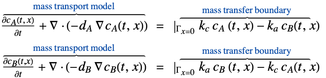 (partialc_A(t, x))/(partialt)+del .(-d_A del c_A(t,x))^(︷^(                mass transport model                ))  = |_(Gamma_(x=0))k_cc_A (t,x)-k_ac_B(t,x)^(︷^(            mass transfer boundary          )); (partialc_B(t,x))/(partialt)+del .(-d_B del c_B(t,x))^(︷^(                mass transport model                ))  = |_(Gamma_(x=0))k_ac_B (t,x)-k_cc_A(t,x)^(︷^(            mass transfer boundary          ))