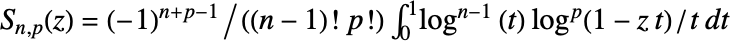 TemplateBox[{n, p, z}, PolyLog3]=(-1)^(n+p-1)/((n-1)!p!)int_0^1log^(n-1)(t)log^p(1-zt)/t dt