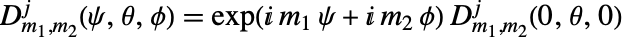 TemplateBox[{j, {m, _, 1}, {m, _, 2}, psi, theta, phi}, WignerD]=exp(ⅈ m_1 psi+ⅈ m_2phi) TemplateBox[{j, {m, _, 1}, {m, _, 2}, 0, theta, 0}, WignerD]